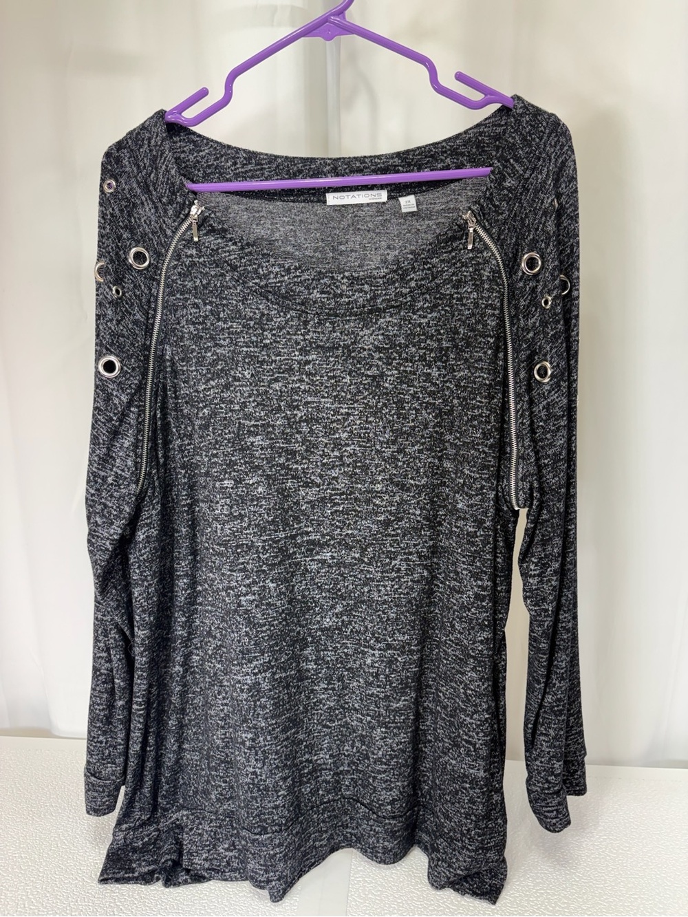 Notations Black Marled Long Sleeve Top with Zip & Grommet Accents 4210